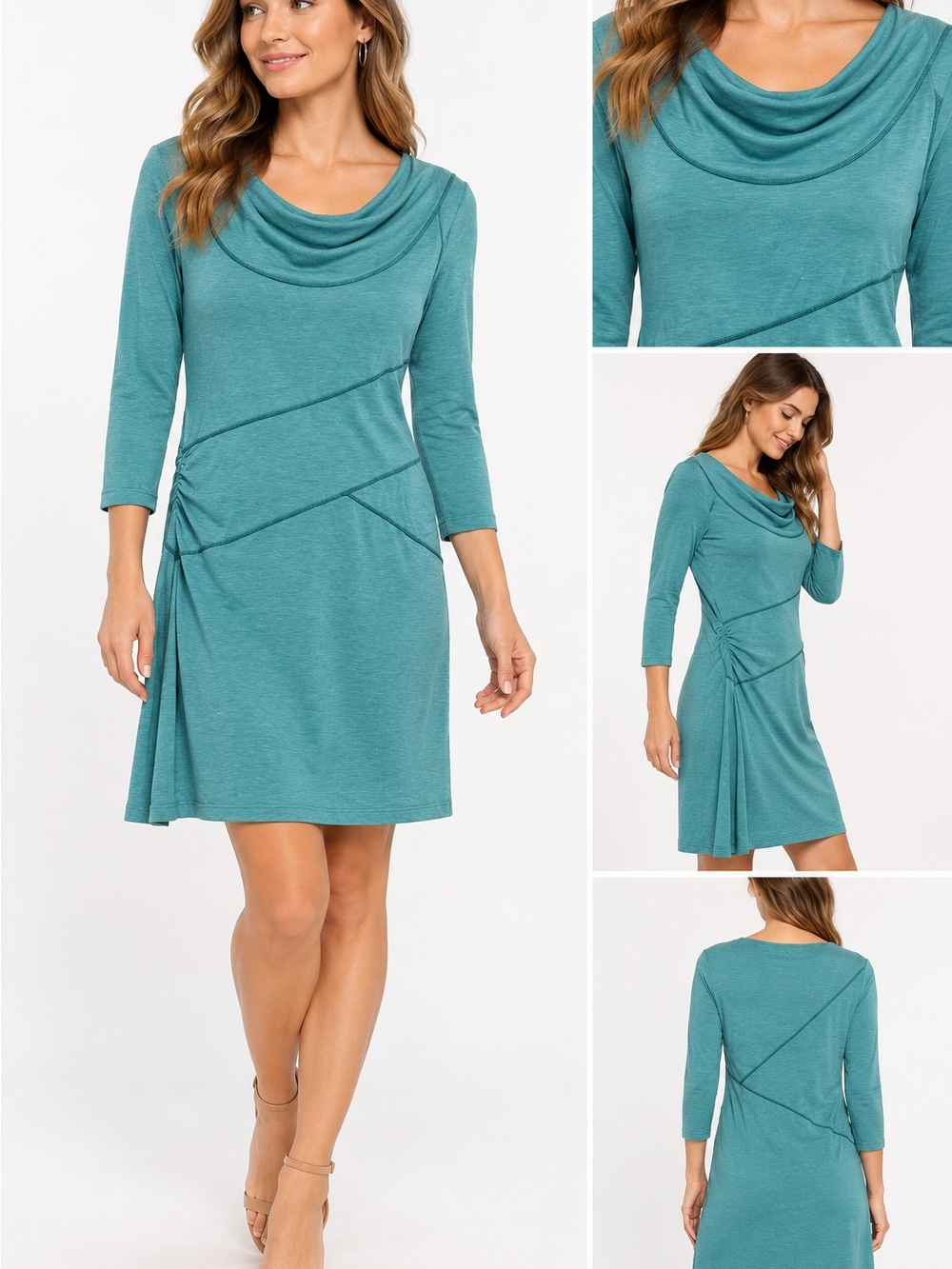 Athleta Ukiah Dress Small Teal Cowl Neck Ruched 3/4 Sleeve Travel Stretch